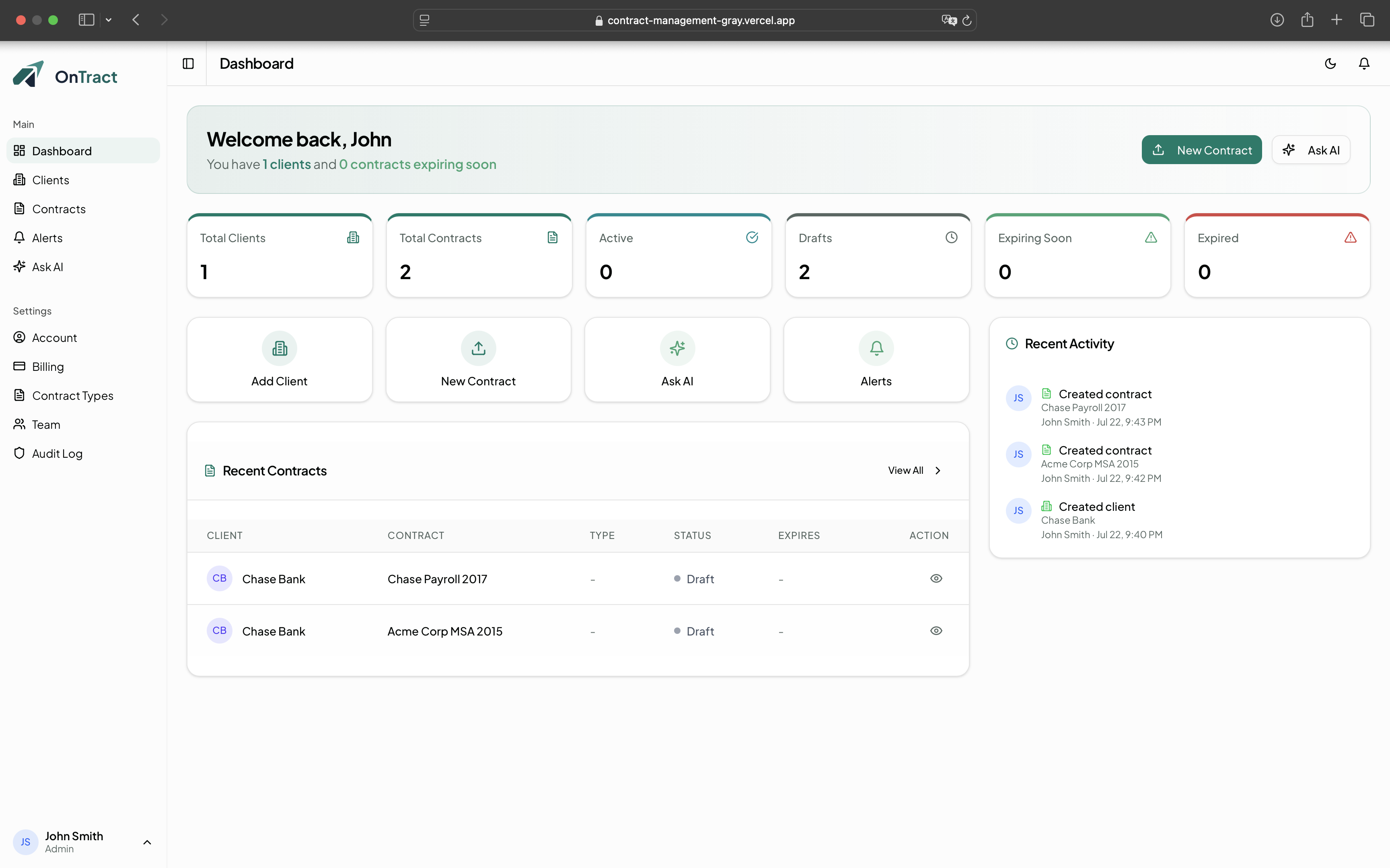 OnTract dashboard showing contract stats, recent contracts, and recent activity feed